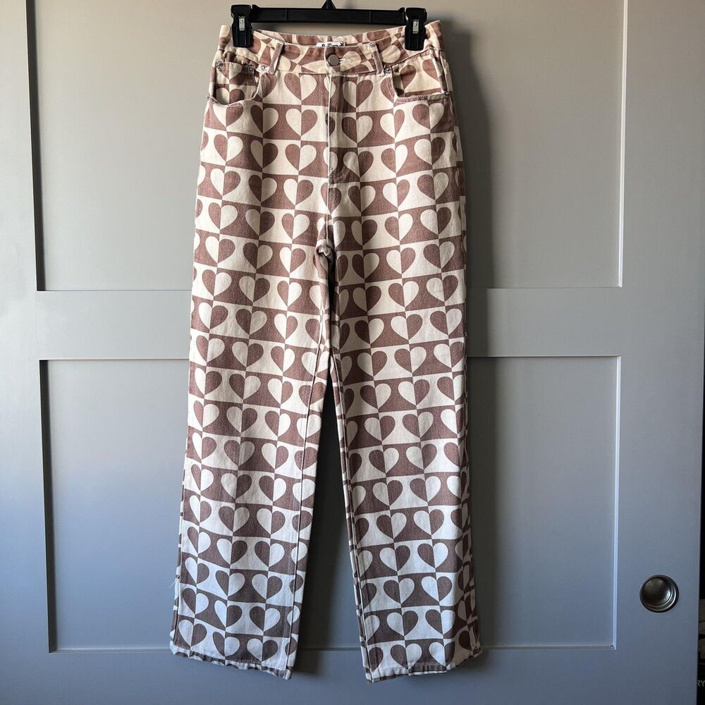 Red Berry Heart Print Jeans Womens Medium Brown High Rise Straight Leg‎ Denim